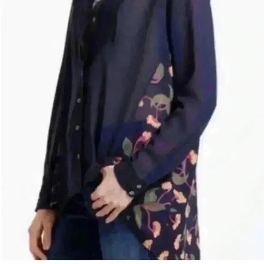 Anthropologie Maeve Ira Button Down Floral Tunic Top Pleated Bib Navy Blue - Picture 1 of 13